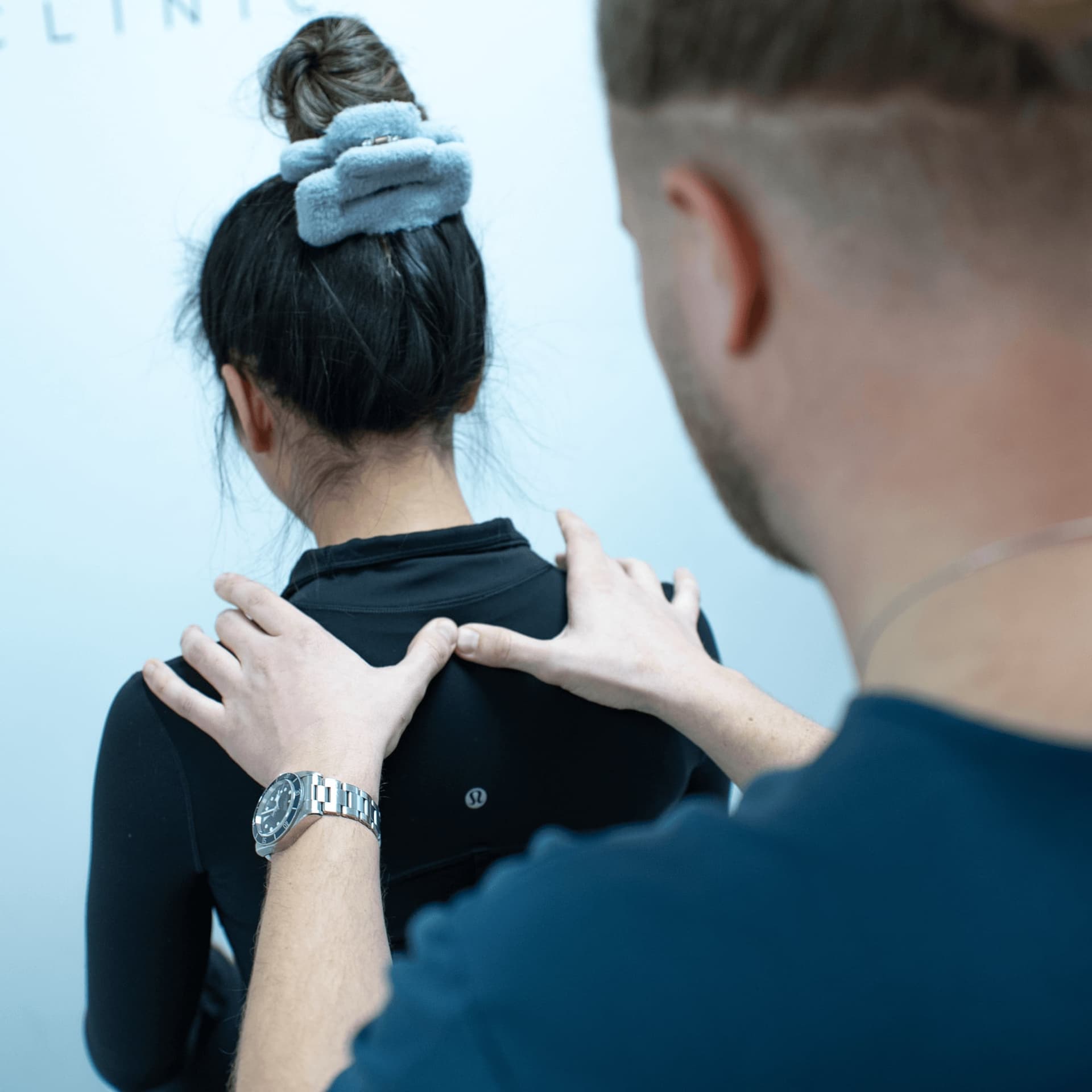 Close-up shoulder posture assessment for back pain treatment